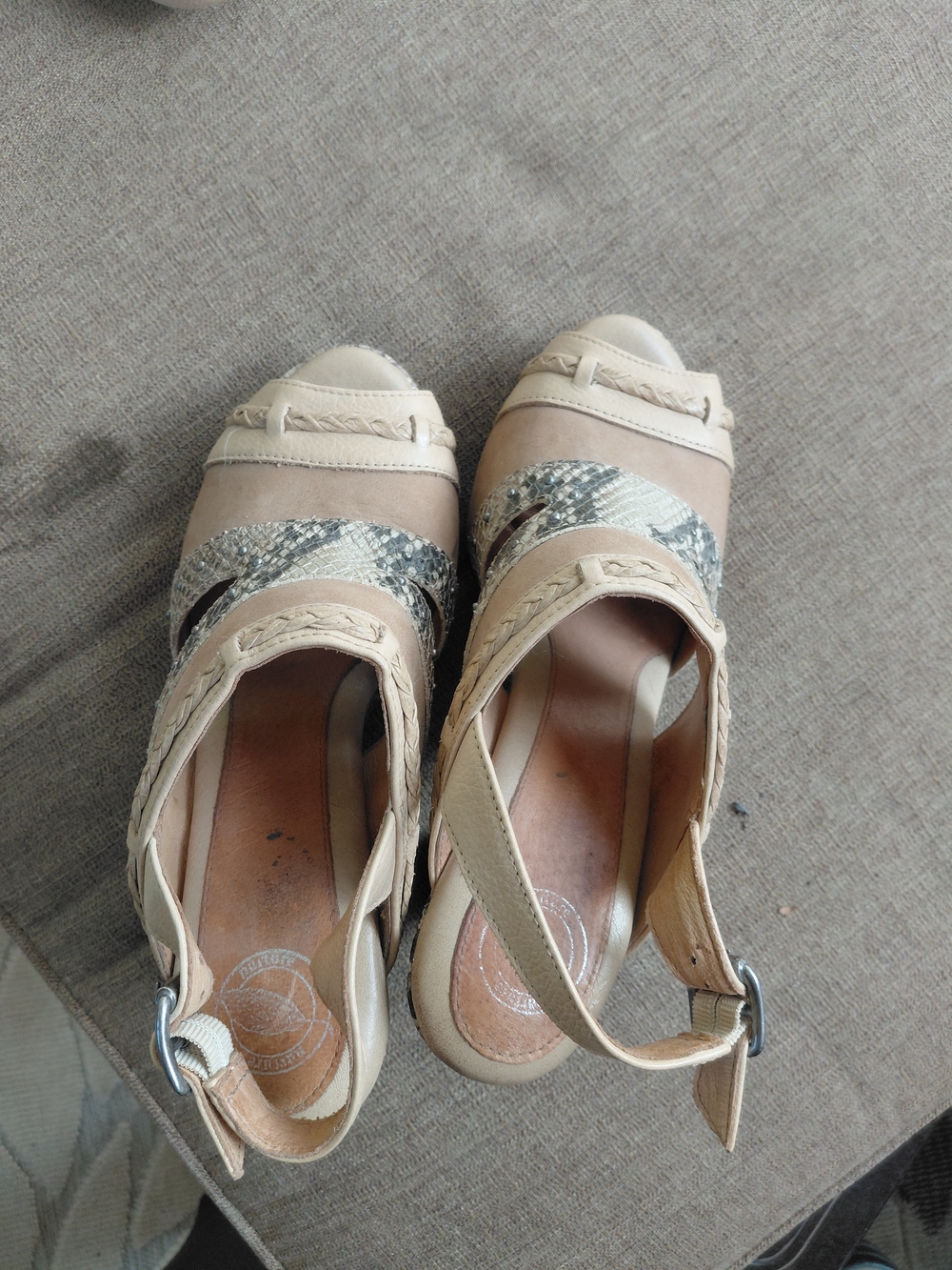 Beige Women's Slingback Sandals with Snakeskin Accent